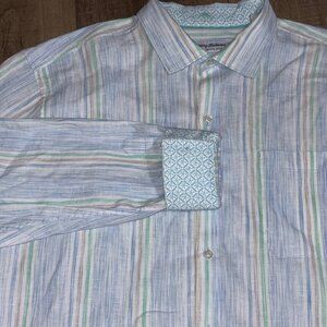 TOMMY BAHAMA Barbados Breeze Linen Stretch Shirt Size XL Blue Long Sleeve